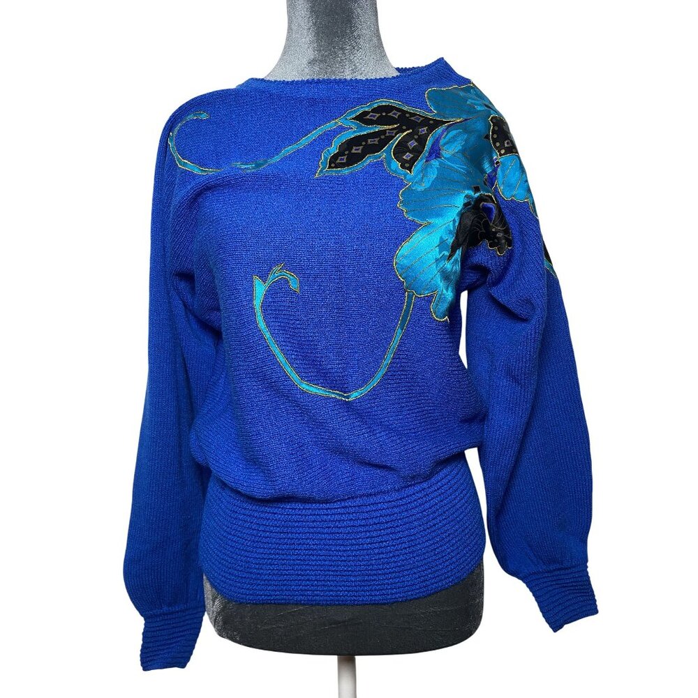 Vintage Blue Floral Sweater By UMI Collections Anne Crimins Sz Medium
